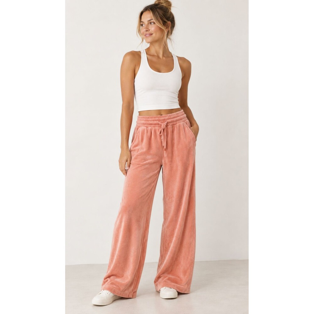 Beyond Yoga Tropez Pull On Wide Leg Pants Peach Blush Terry Cotton Women’s S Y2K